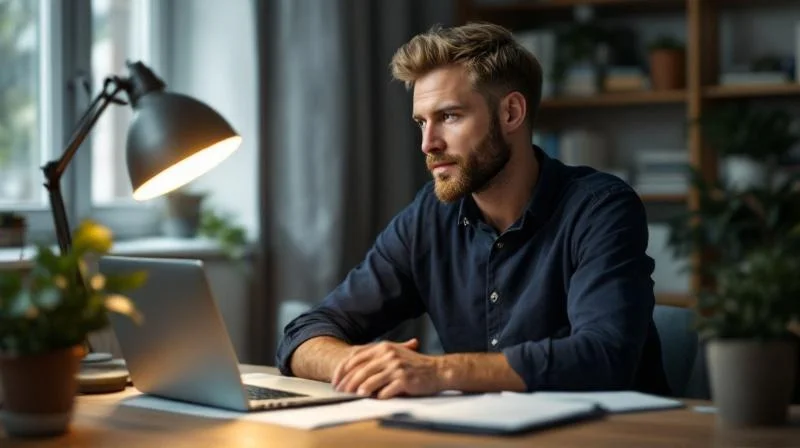 Mann studiert Foerderunterlagen am Schreibtisch in einem Buero in Flensburg