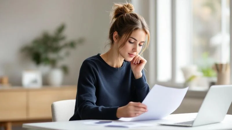 Frau sitzt mit Unterlagen am Schreibtisch in einer hellen Wohnung in Flensburg