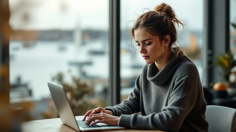 Flensburger Angestellte im Coworking-Space mit Laptop, im Hintergrund Hafenkulisse der Förde