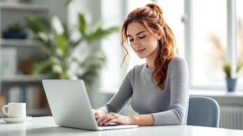 Frau arbeitet konzentriert am Laptop in einem hellen modernen Buero in Flensburg