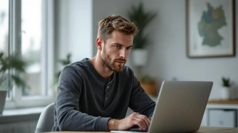 Mann arbeitet konzentriert am Laptop in einem hellen Raum in Flensburg