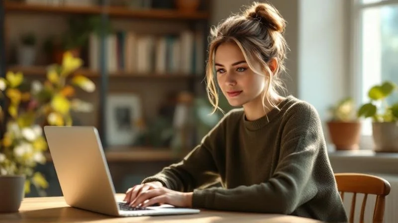Frau lernt am Laptop in einem hellen Raum mit Blick auf den Flensburger Hafen
