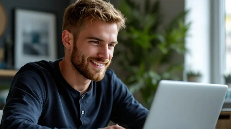 Mann arbeitet konzentriert am Laptop in einem modernen Homeoffice in Flensburg